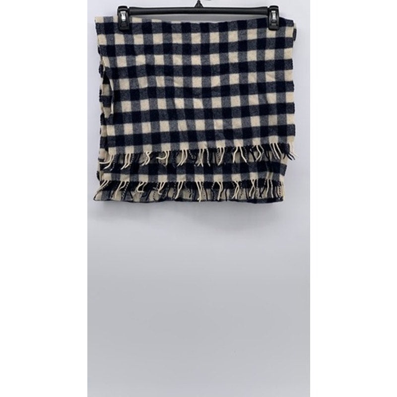 UNBRANDED Navy-Cream Checkered Soft Knit Fringe Scarf