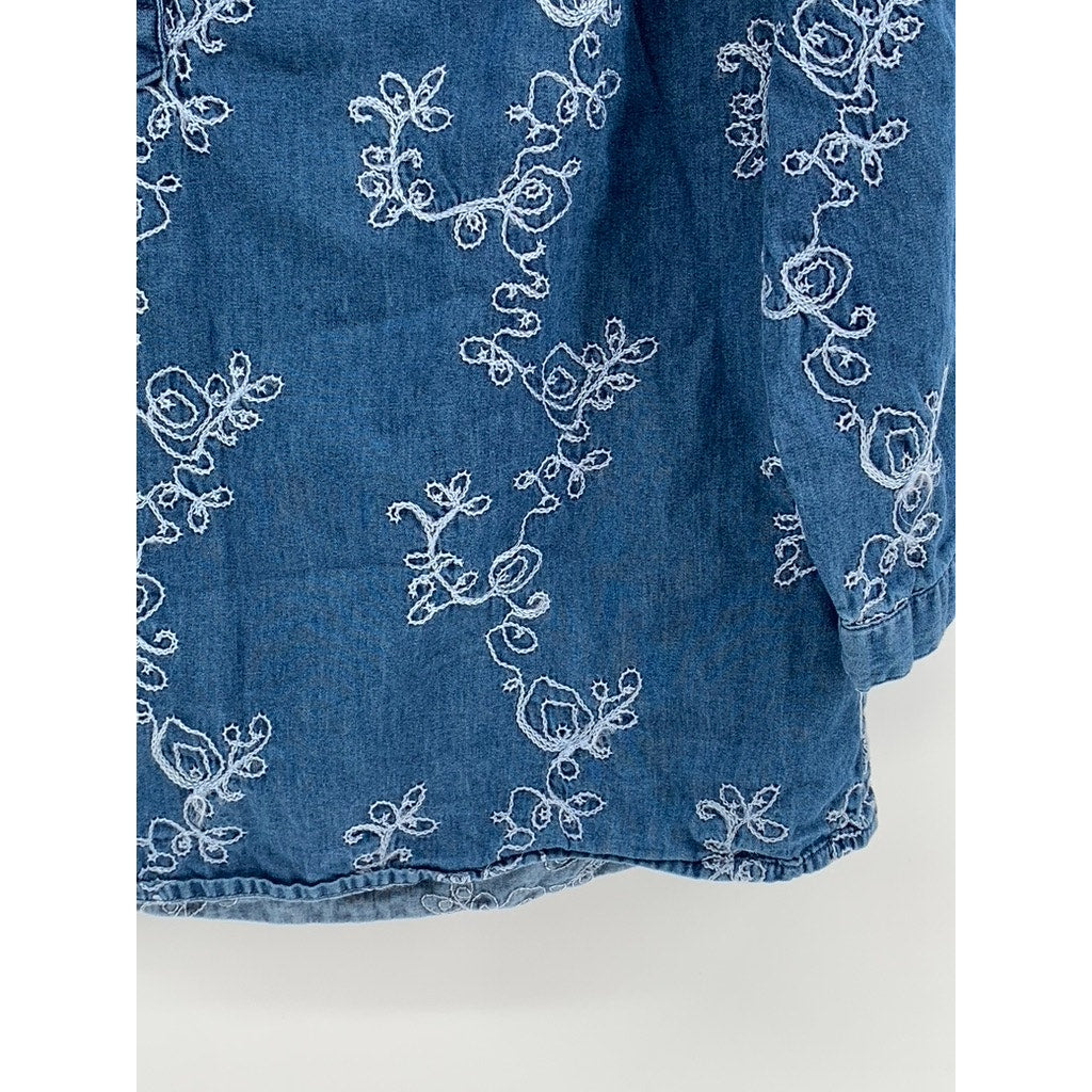 KORET Women's Blue Embroidered Split-Neck Long Sleeve Top SZ M