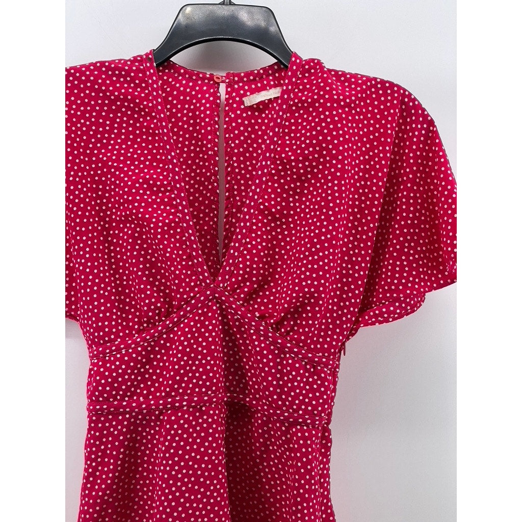 ZARA TRAFALUC Women's Pink-White Polka Dot V-Neck Flare Short Sleeve Romper SZXS