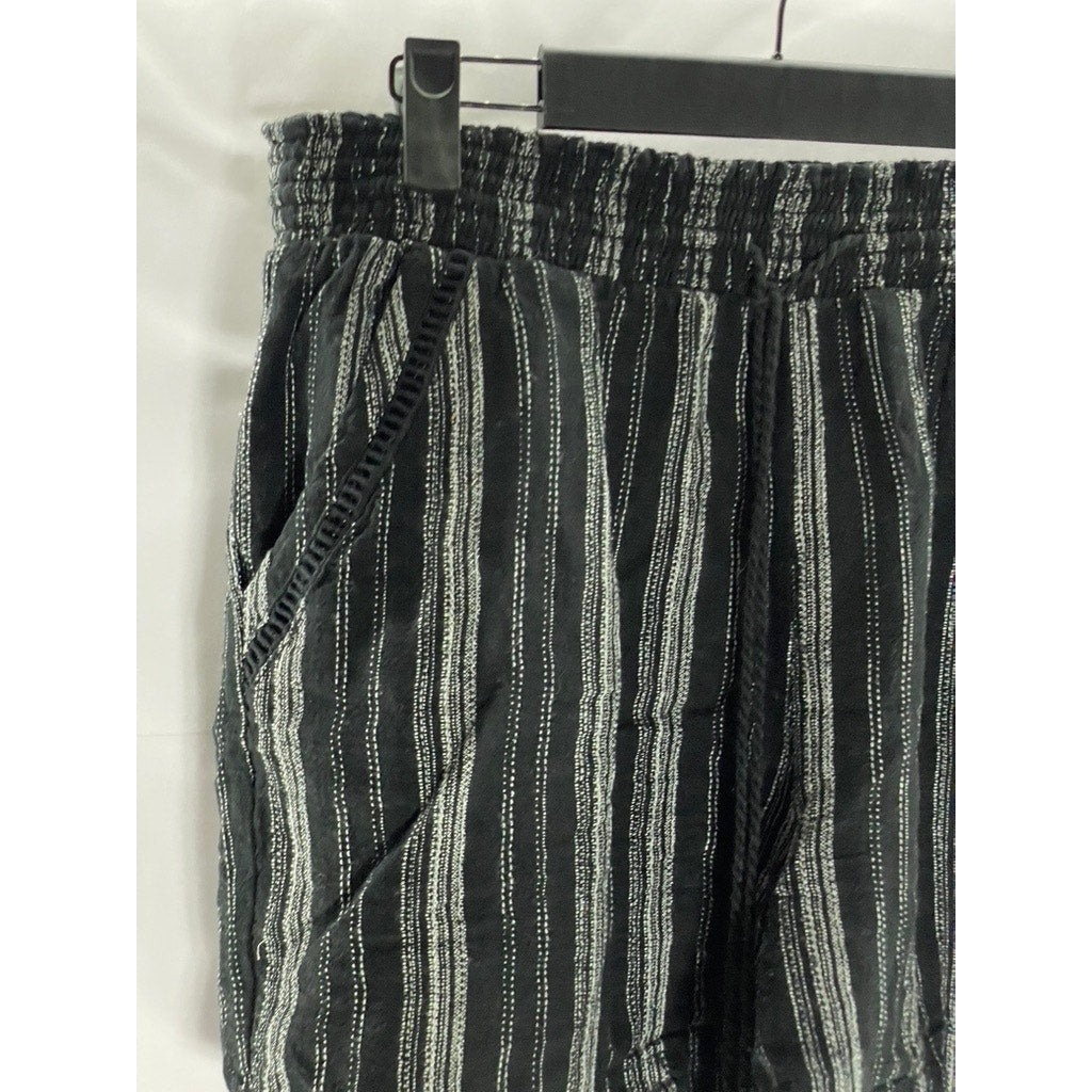 BRIGGS Women's Black-Gray Striped Elastic-Waist Linen Blend Shorts SZ L