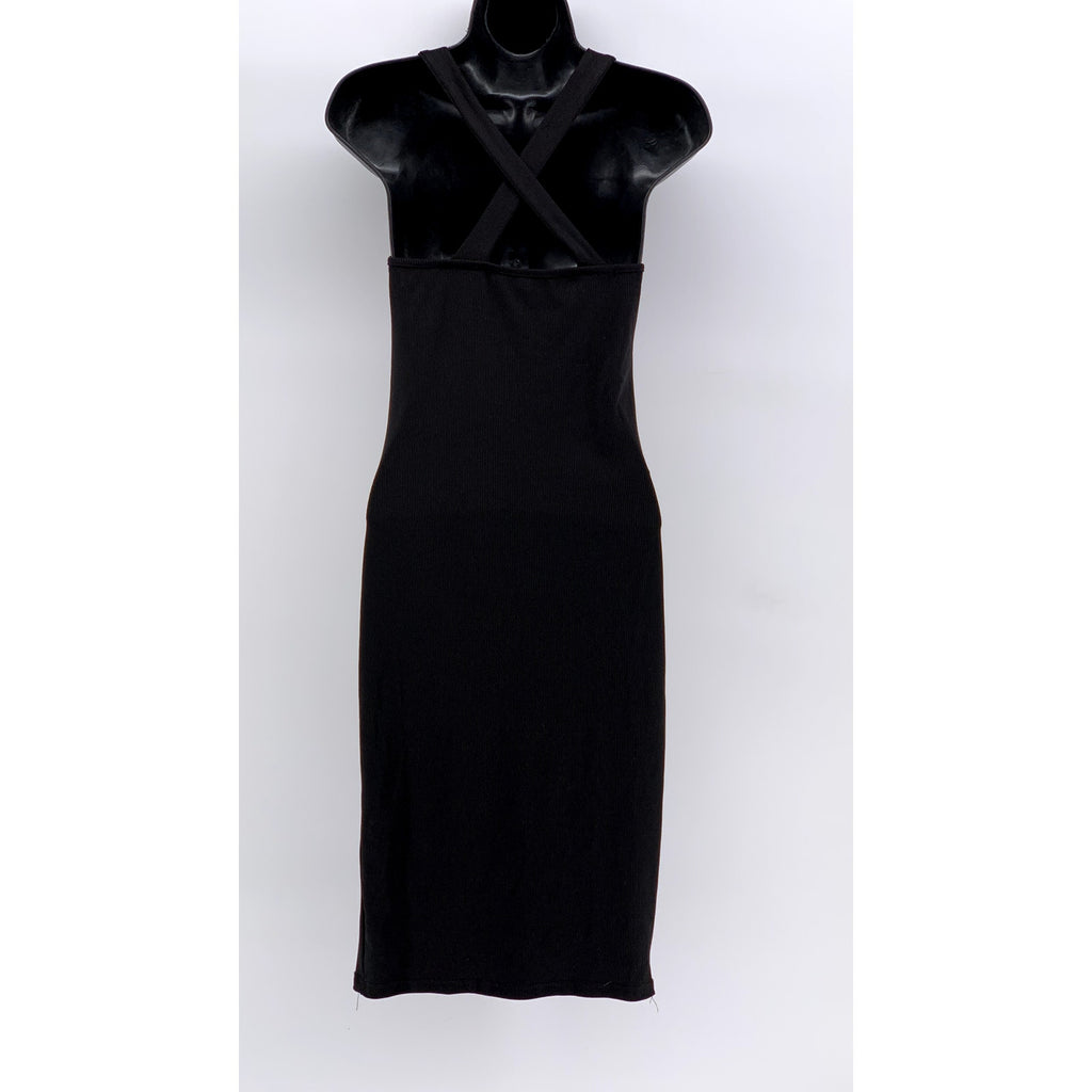 UNBRANDED Women's Black Split-Neck Ribbed Maxi Bodycon Dress SZ S