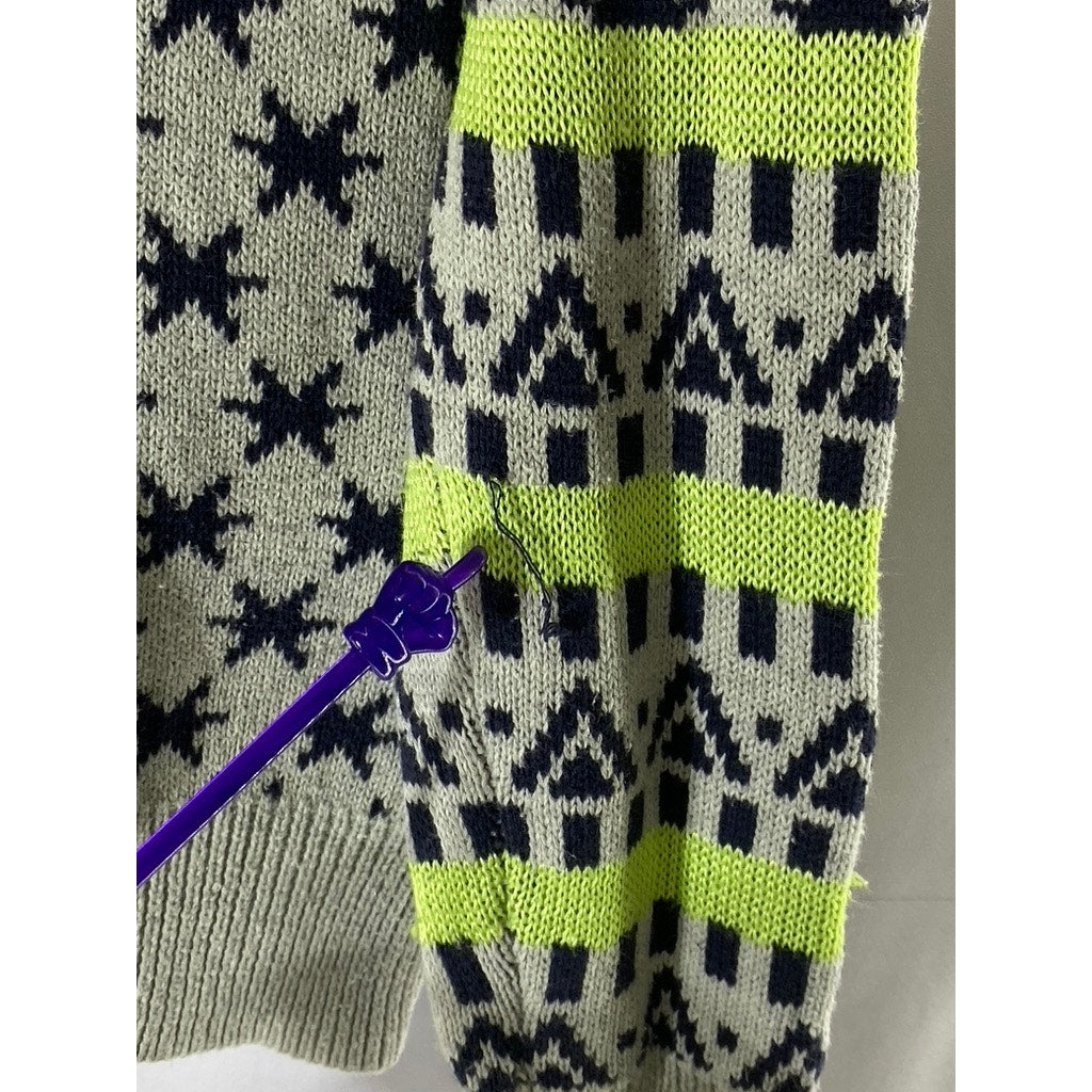 UNBRANDED Women's Gray-Neon Green Star-Print Long Sleeve Knit Sweater SZ M