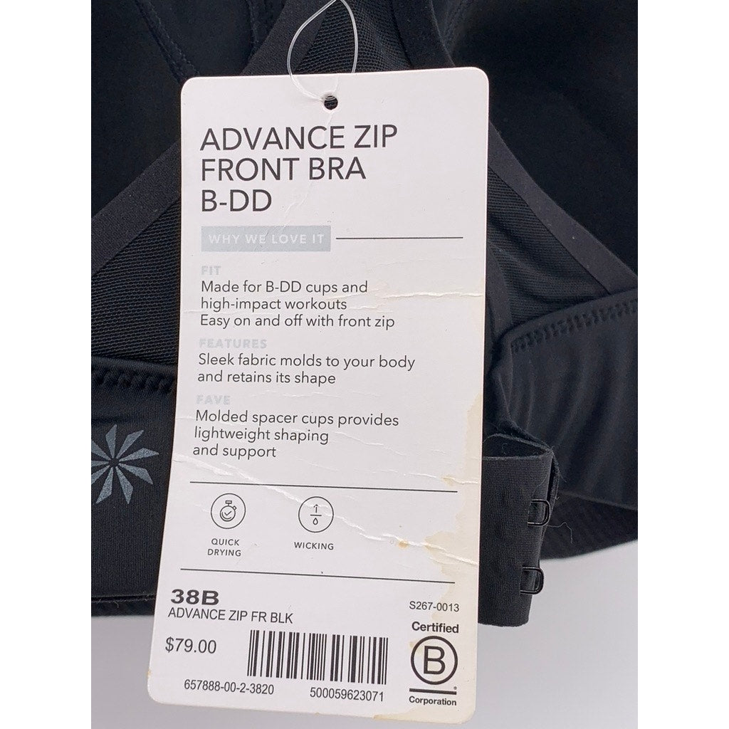 ATHLETA Women's Black Advance Zip Front Active Bra SZ 38B
