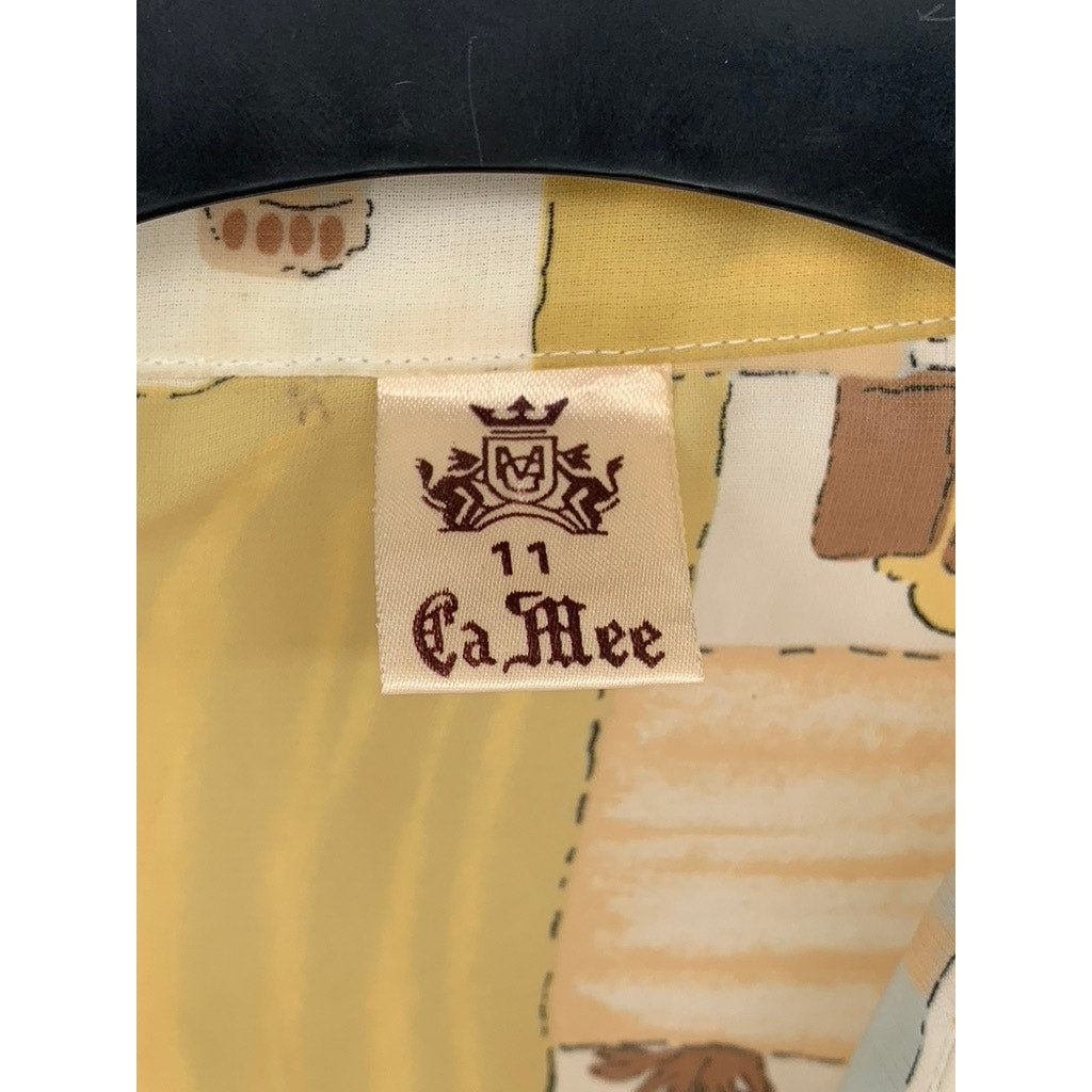 CA MEE Women's Vintage 70's Tan-Beige Square Print Button-Up Long Sleeve Top SZM