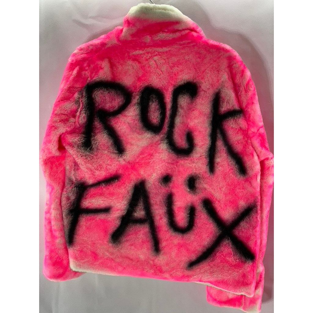 ROCKSTAR ORIGINAL Women's Pink Faux-Fur Rock Faux Graffiti Open-Front Coat SZ M