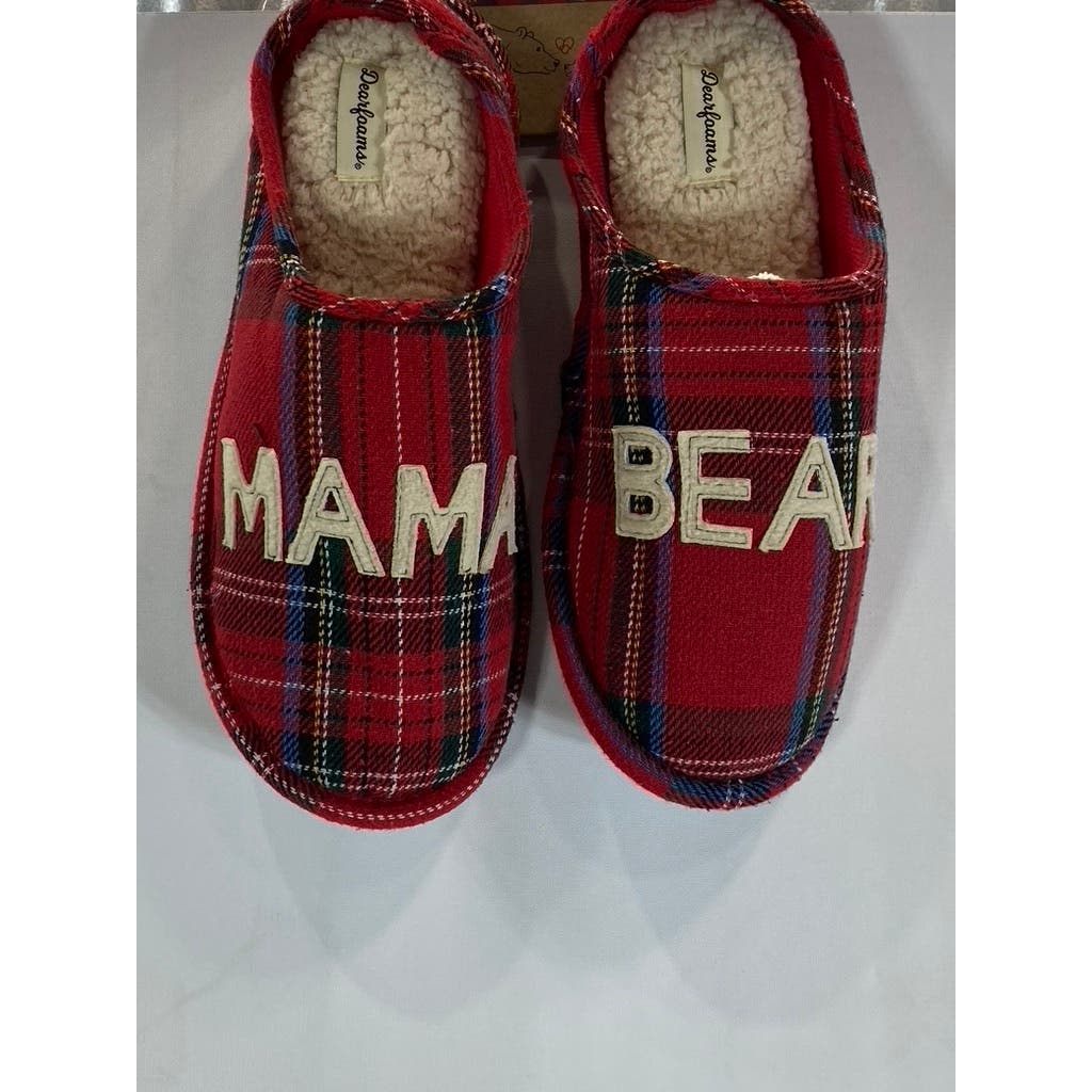DEARFOAMS Women's Red Plaid Mama Bear Logo Clog Slippers SZ XL(11/12)