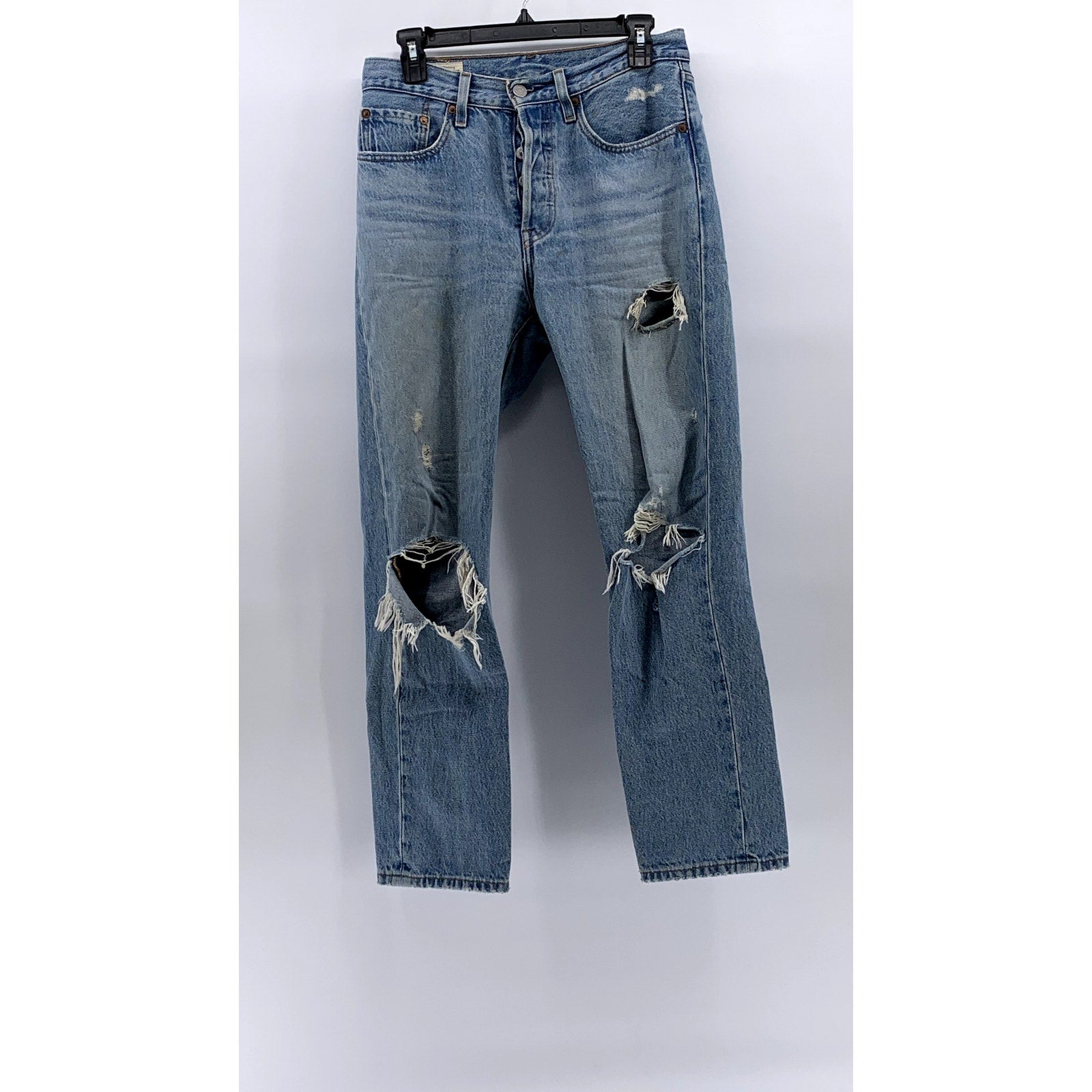 LEVI'S Men's Medium Blue Denim 501 Distressed Slim-Leg Button-Fly Jeans SZ 26x28