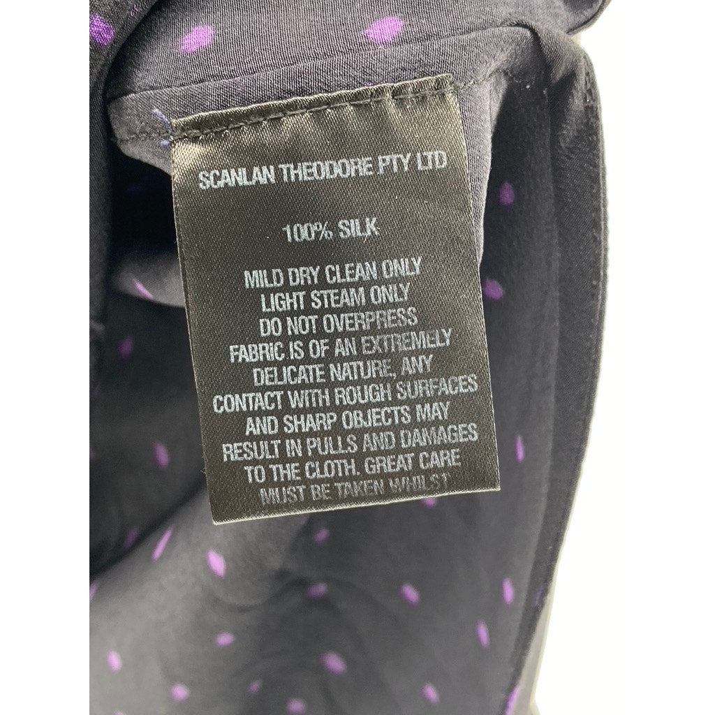 SCANLAN THEODORE Women’s Black-Purple Micro Dot Tie-Neck Long Sleeve Blouse SZ 4