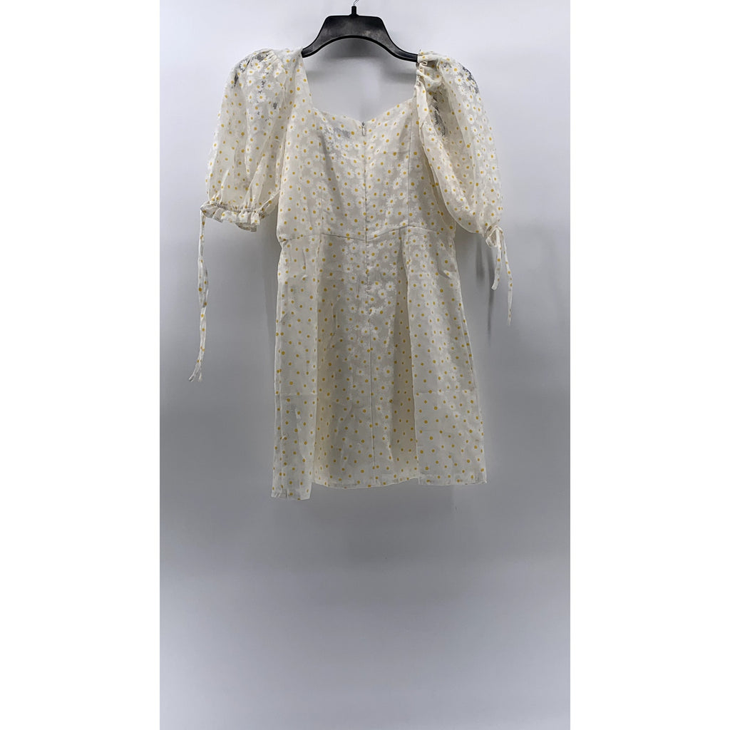 FOREVER 21 Women's White-Yellow Daisy Print Short Puff Sleeve Mini Dress SZ S