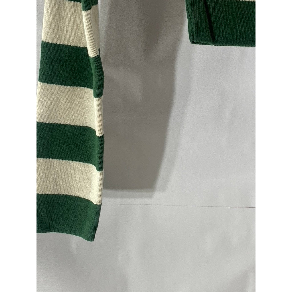 ZARA Women's Green-Cream Striped Crewneck Long Sleeve Cropped Top SZ S