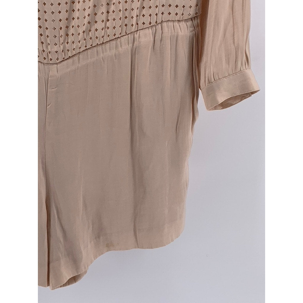 TART Women's Beige Perforated Long Sleeve Scoop-Neck Romper SZ S