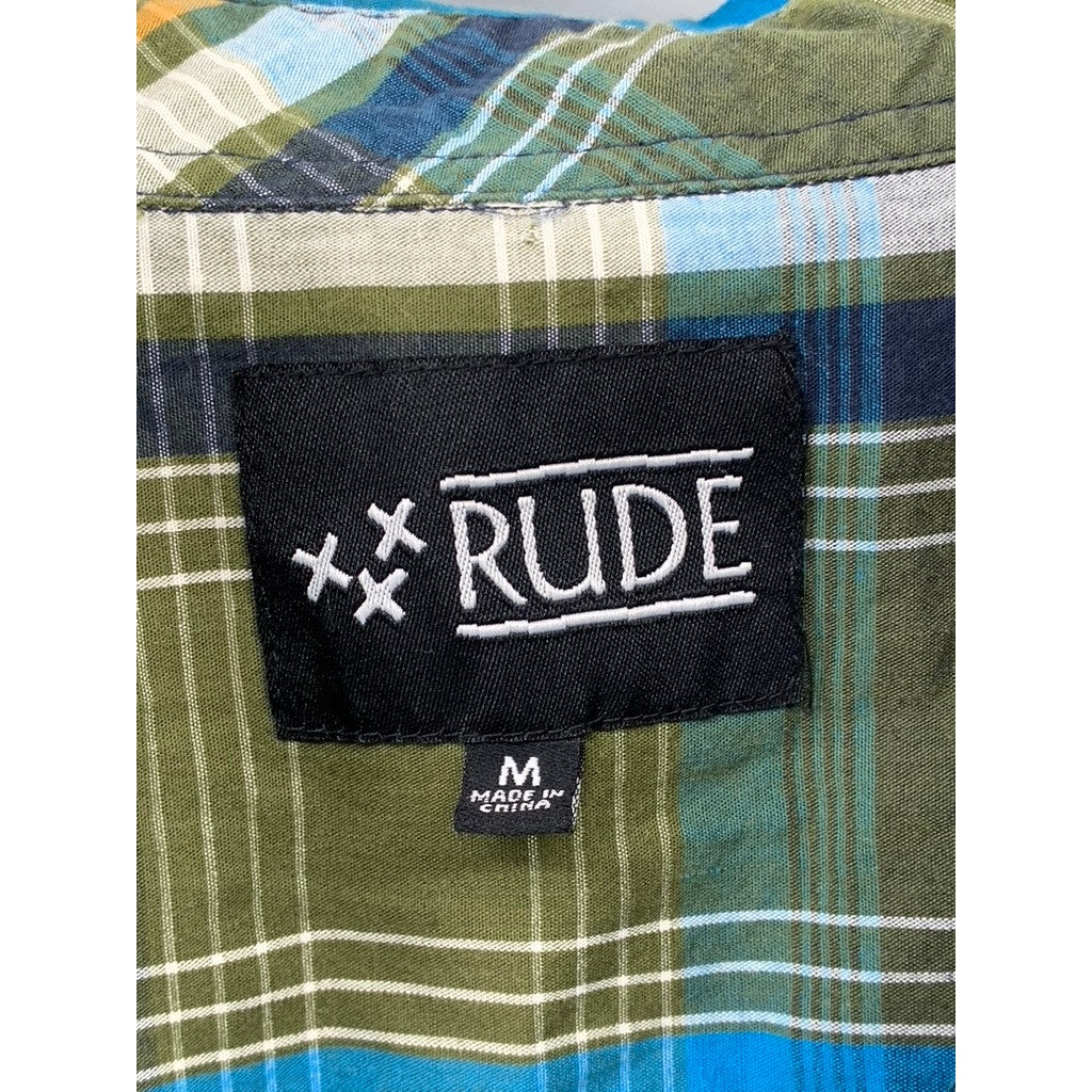 XXX RUDE Men's Green-Blue Plaid Button-Up Long Sleeve Regular-Fit Shirt SZ M