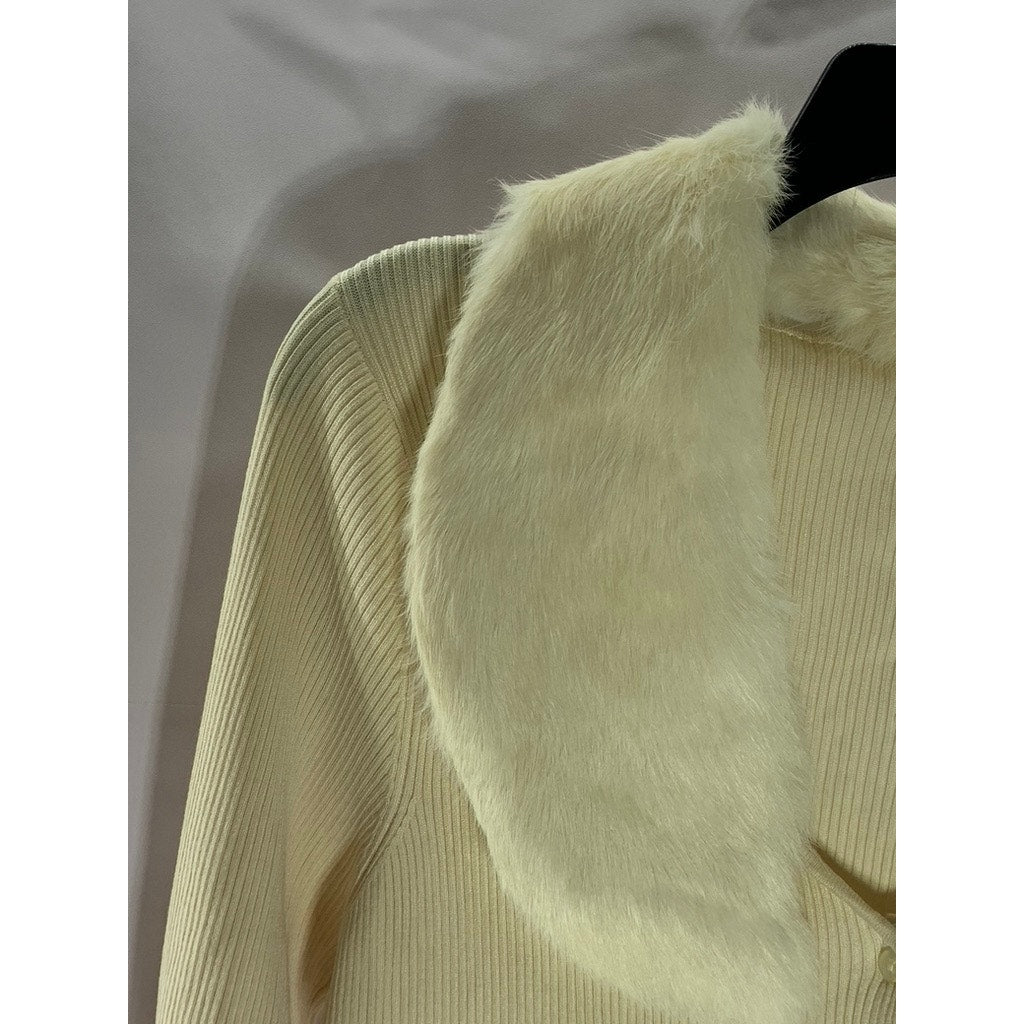 WHITE HOUSE BLACK MARKET Women's Beige Fur-Collar Ribbed Button-Up Cardigan SZ M