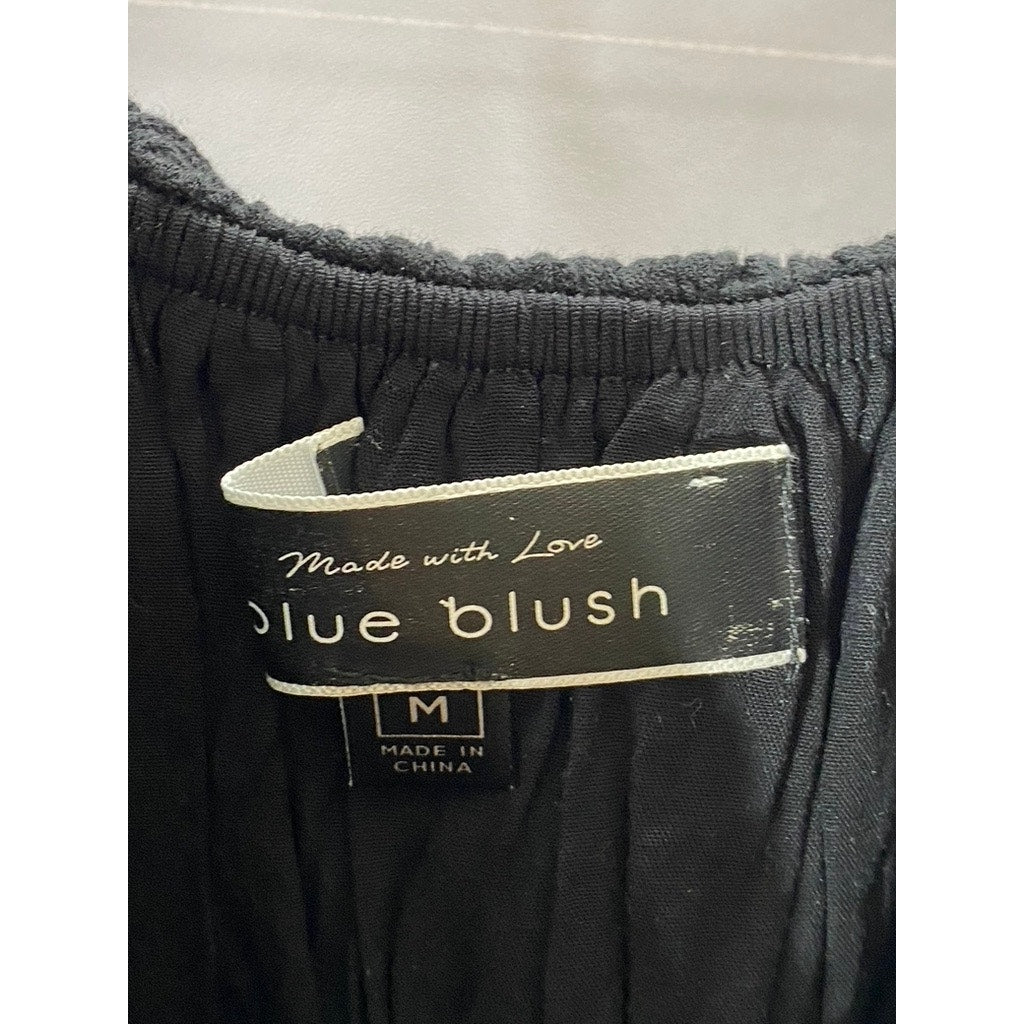 BLUE BLUSH Women's Black Ruffle Smocked Short Elbow Sleeve Midi Dress SZ M