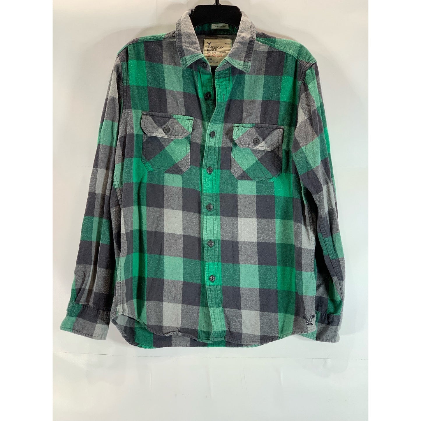 AMERICAN EAGLE Men's Green/Gray Athletic-Fit AE Flannel Button-Up Shirt SZ M