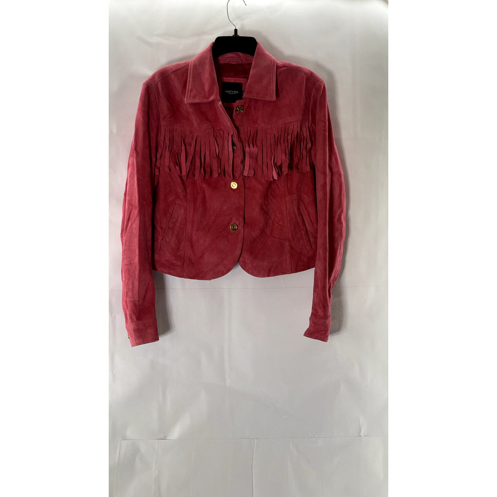 NASTY GAL COLLECTION Women's Red Suede Leather Fringe Button Down Jacket SZ 4