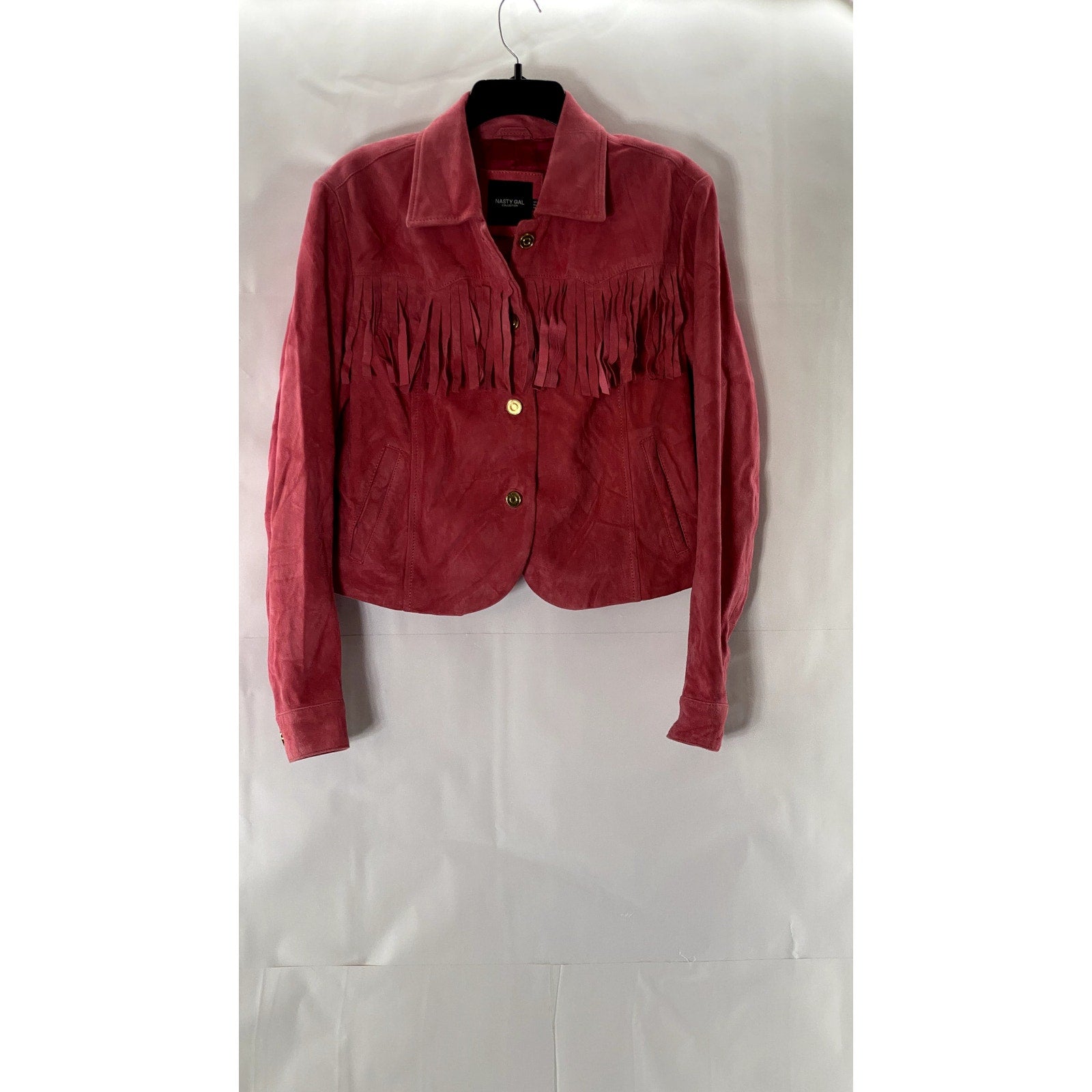 NASTY GAL COLLECTION Women's Red Suede Leather Fringe Button Down Jacket SZ 4
