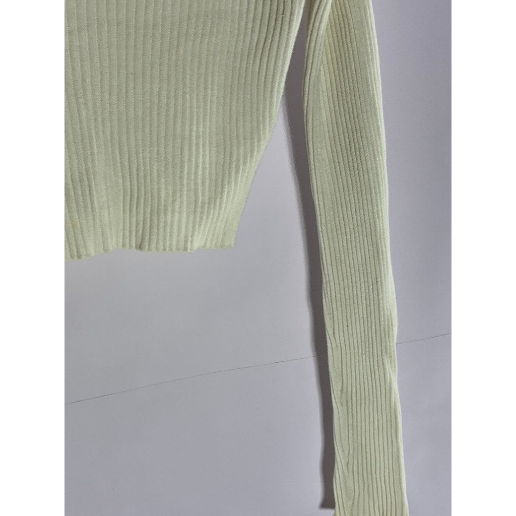 BRANDY MELVILLE Women's Cream Ribbed V-Neck Long Sleeve Crop Top SZ M