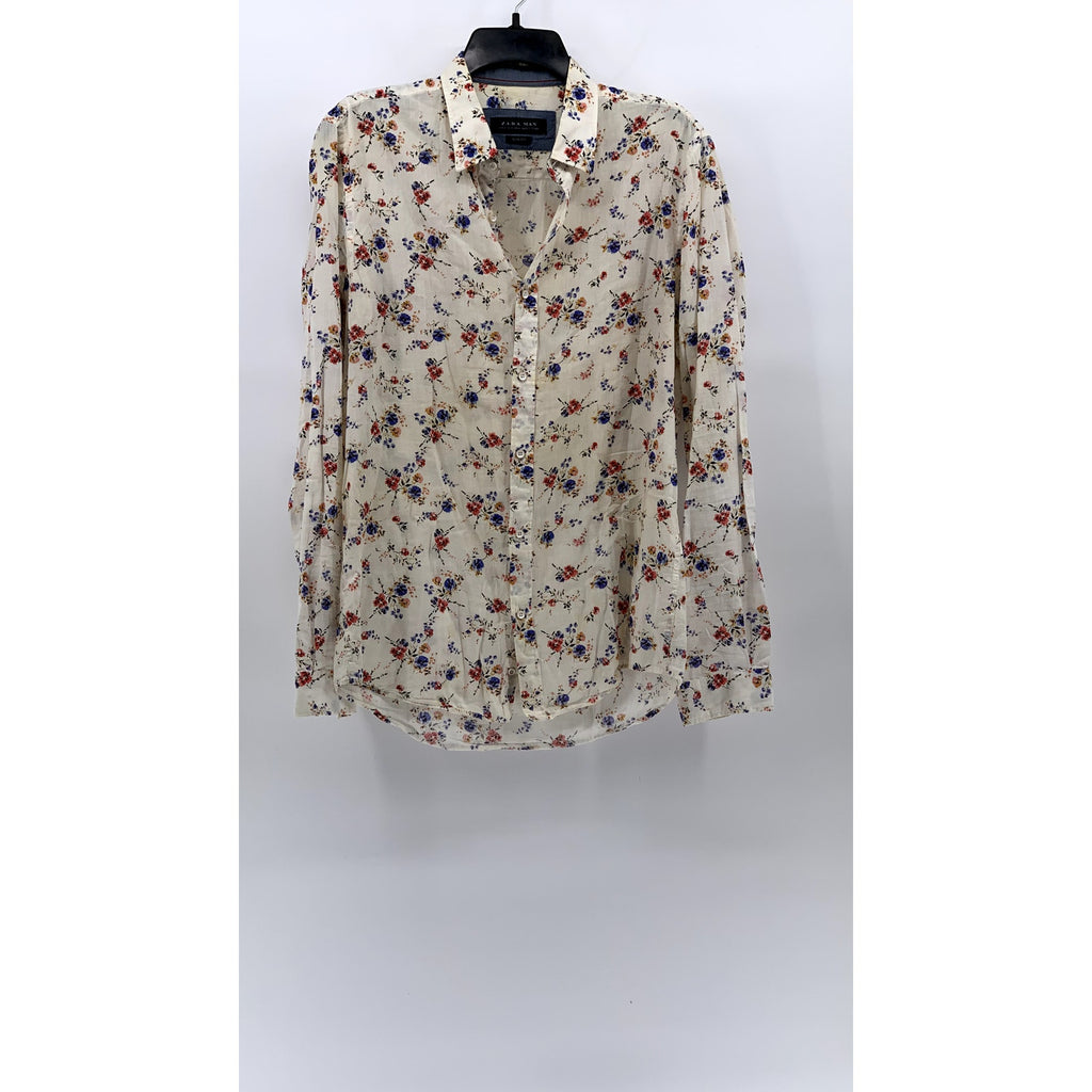 ZARA Men's Off-White Floral Print Button-Up Slim-Fit Long Sleeve Shirt SZ M