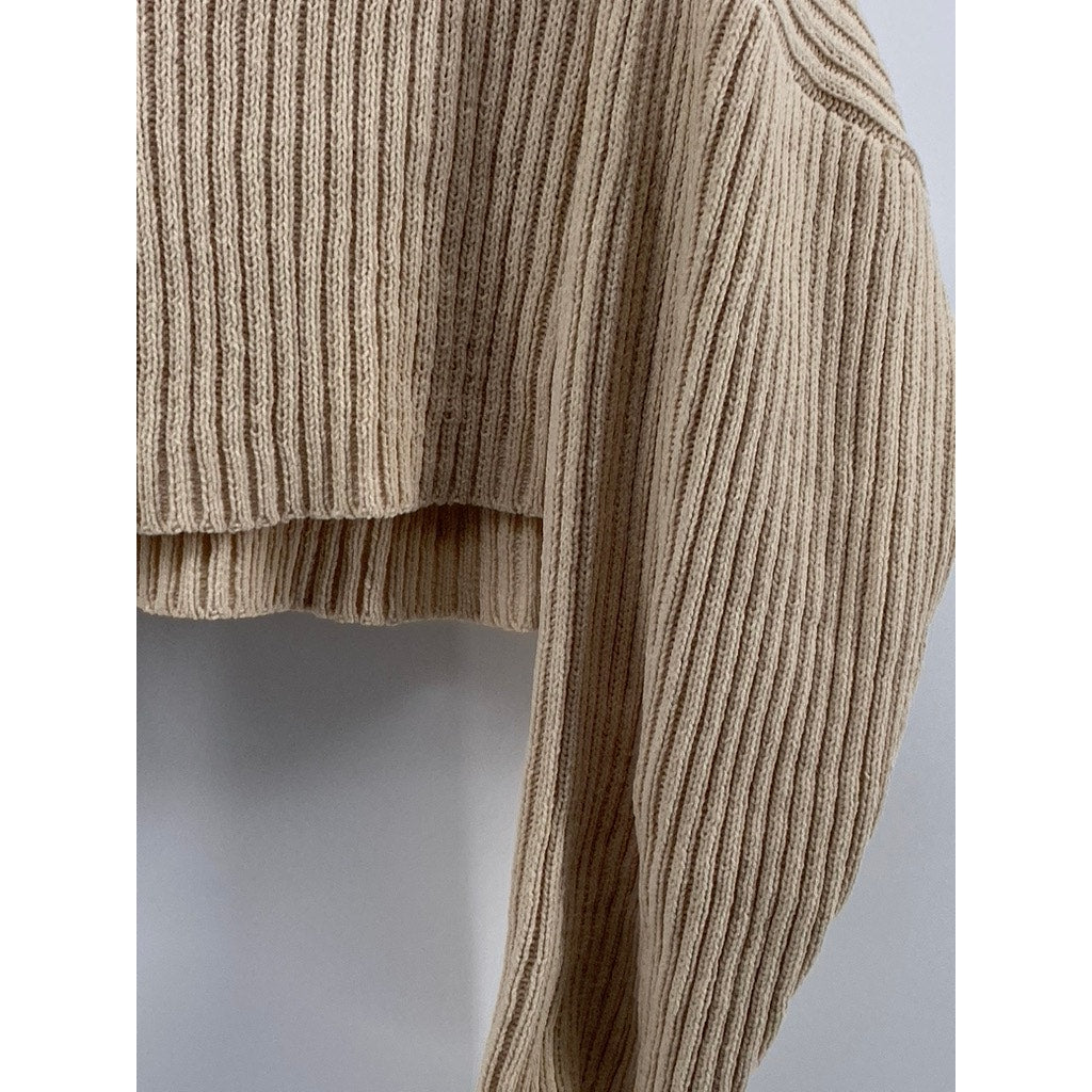 PULL&BEAR PACIFIC REPUBLIC Women's Tan Rib V-Neck Long Sleeve Cropped Top SZ XS