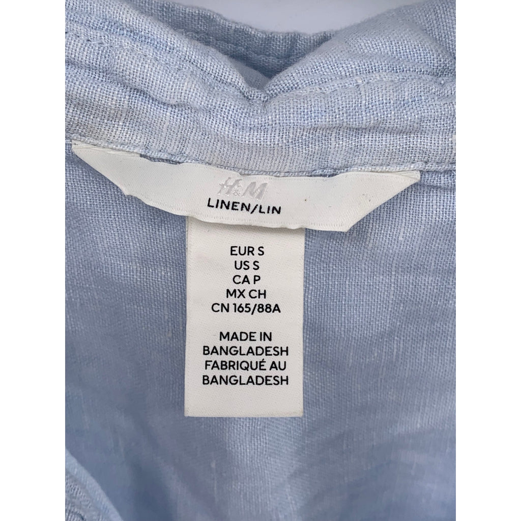 H&M Women’s Light Blue Linen Button-Up Regular-Fit Long Sleeve Top SZ S