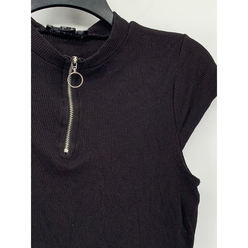 ATMOSPHERE Women’s Black Ribbed Half-Zip Short Cap Sleeve Top SZ 8