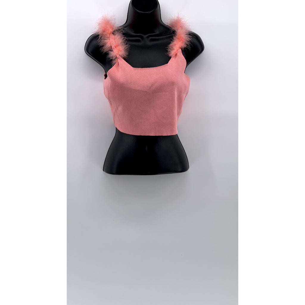 CIDER Women's Light Pink Fuzzy Strap Square-Neck Cropped Tank Top SZ L(8)