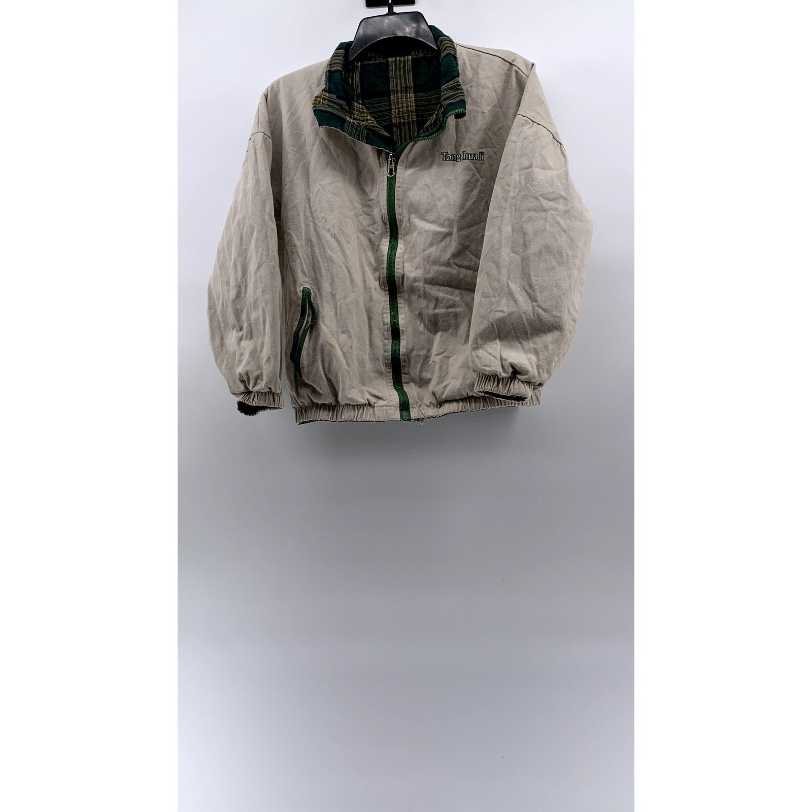 TONG HAUL Men's Vintage Beige-Green Plaid Reversible Zip-Up Jacket SZ S