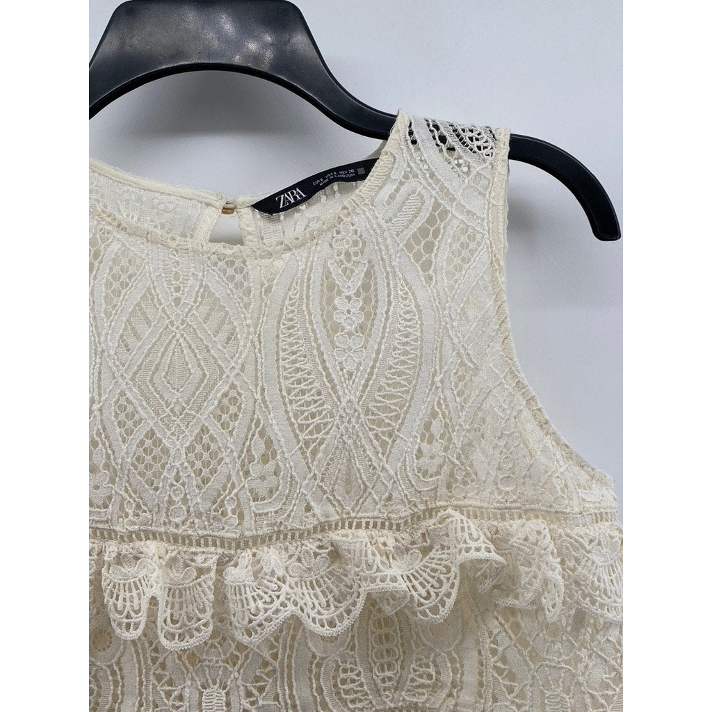 ZARA Women's Cream Knit Crewneck Ruffle Lace Sleeveless Top SZ S