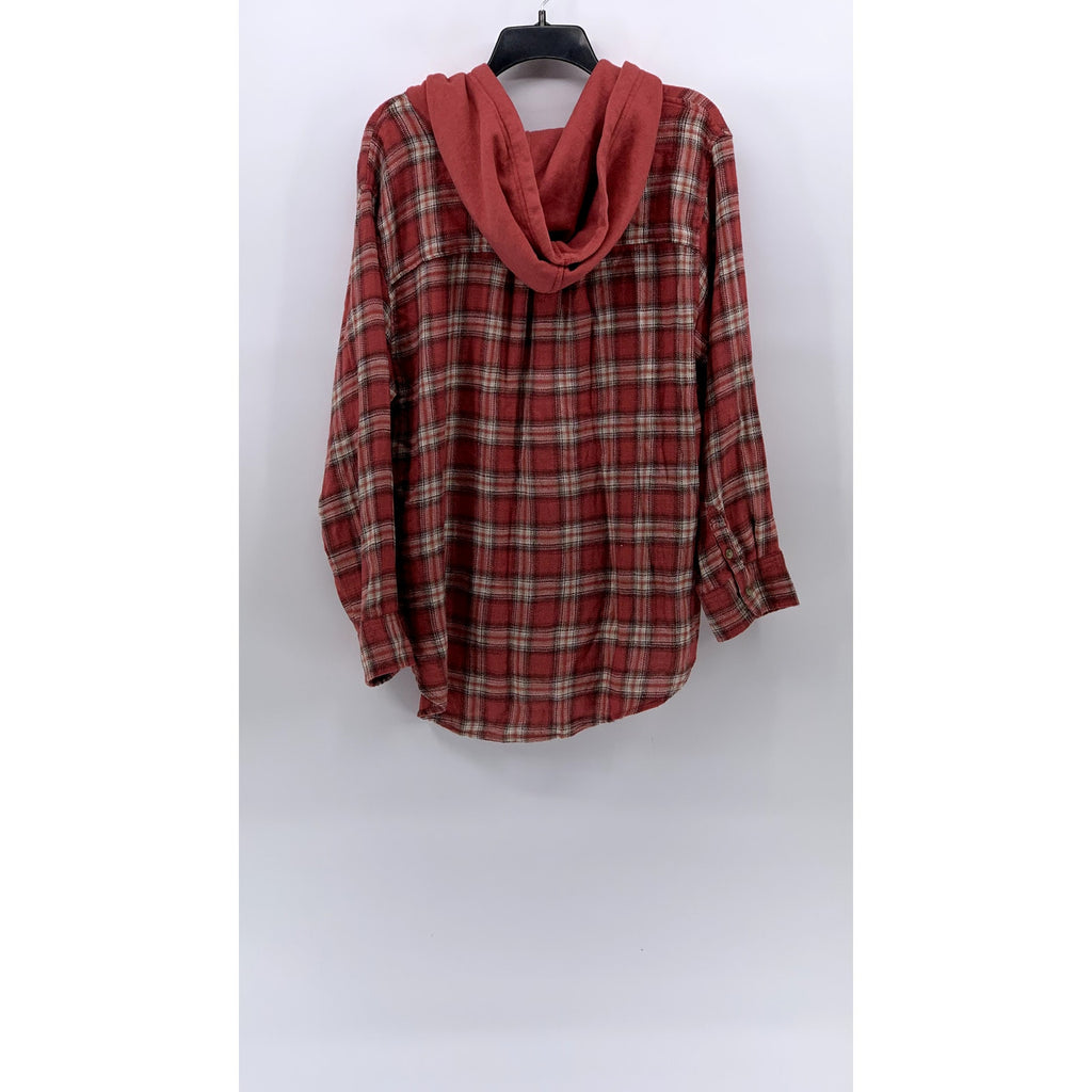 AMERICAN EAGLE Men's Red Plaid Button-Up Hooded Long Sleeve Sweater Shirt SZ L