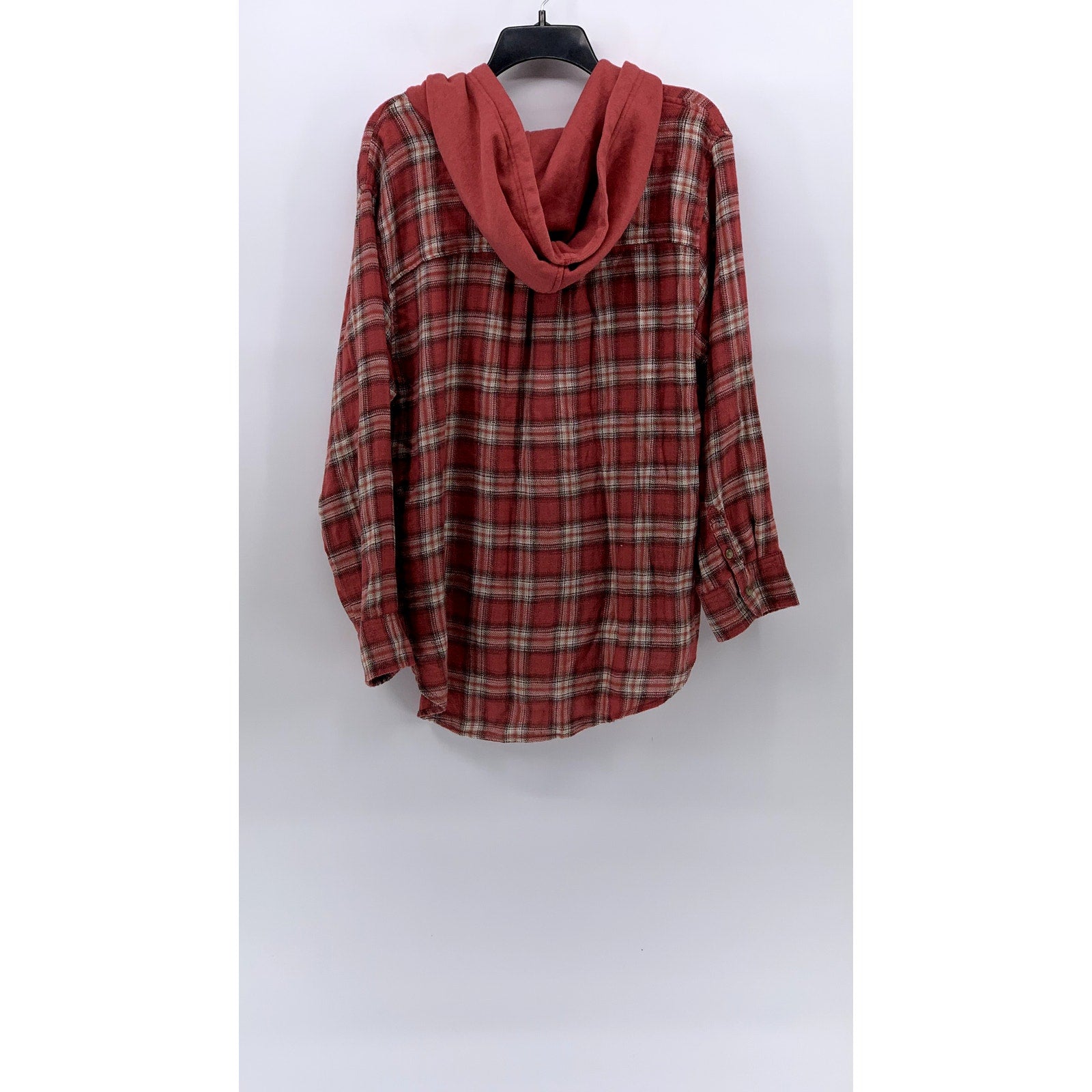 AMERICAN EAGLE Men's Red Plaid Button-Up Hooded Long Sleeve Sweater Shirt SZ L