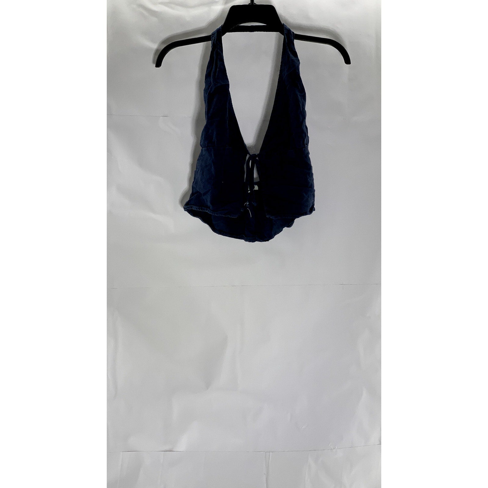 MELVILLE Women's Dark Blue Demin Linen-Blend Tie-Front Halter Crop Top SZ S