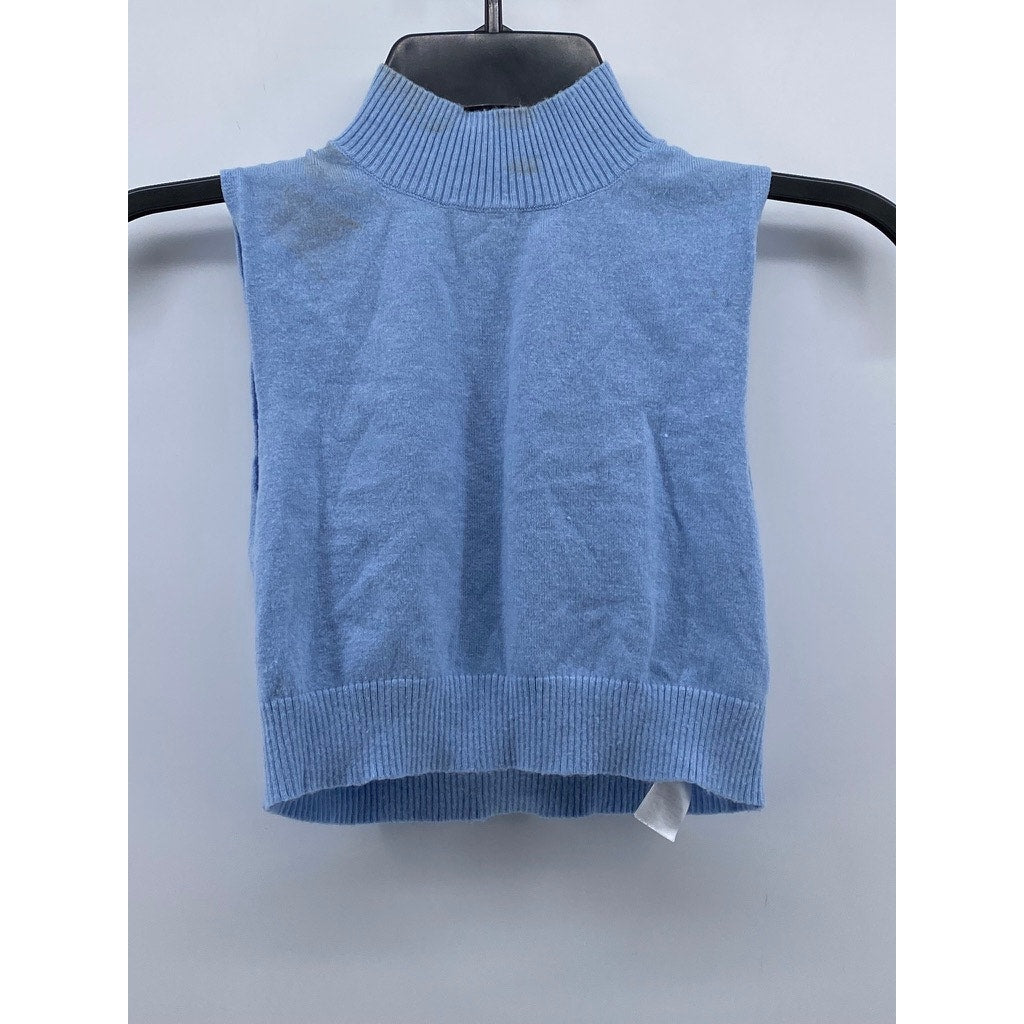 PRETTYLITTLETHING Women's Light Blue Knit Mock-Neck Cropped Sweater Top SZ S