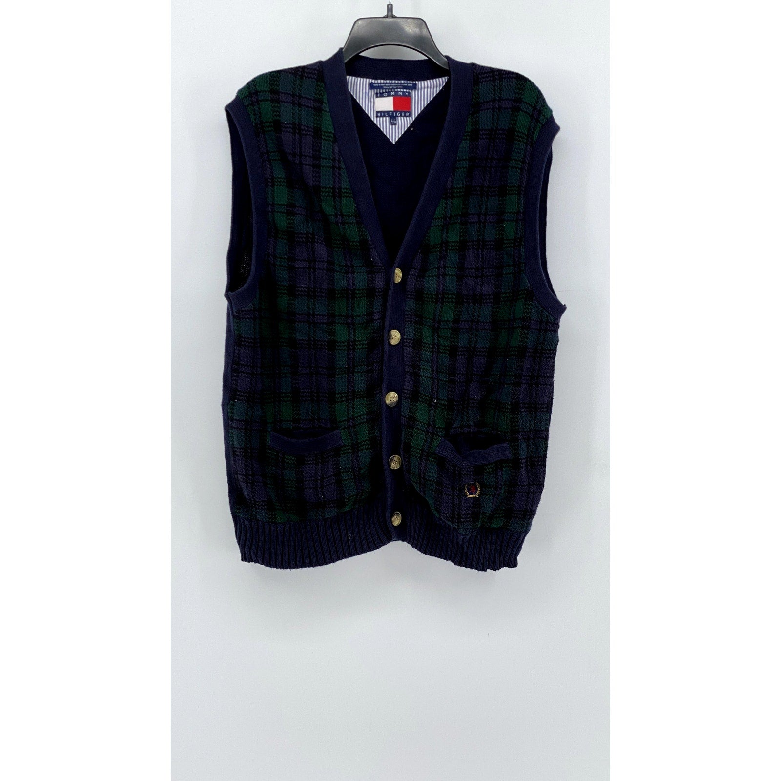 TOMMY HILFIGER Men's Blue-Green Plaid Button-Down Vest SZ L