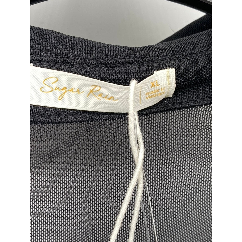 SUGAR RAIN Women’s Black Sheer Button-Up Long Sleeve Top SZ XL