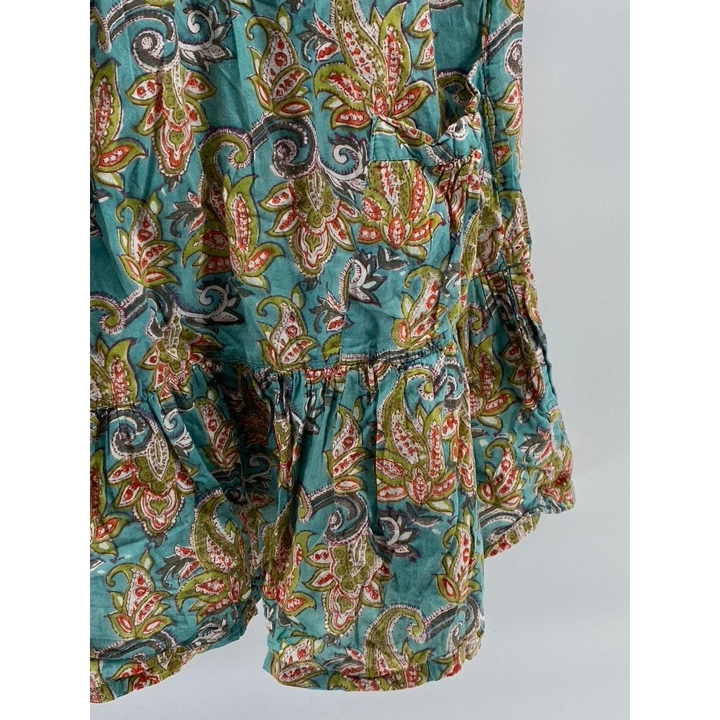 KUNDALINI Women's Green-Tan Printed Henley Short Sleeve Ruffle Hem Dress SZ S