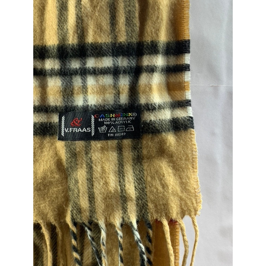 V. FRAAS Unisex Tan-Black Plaid Fringe Cashmink Scarf