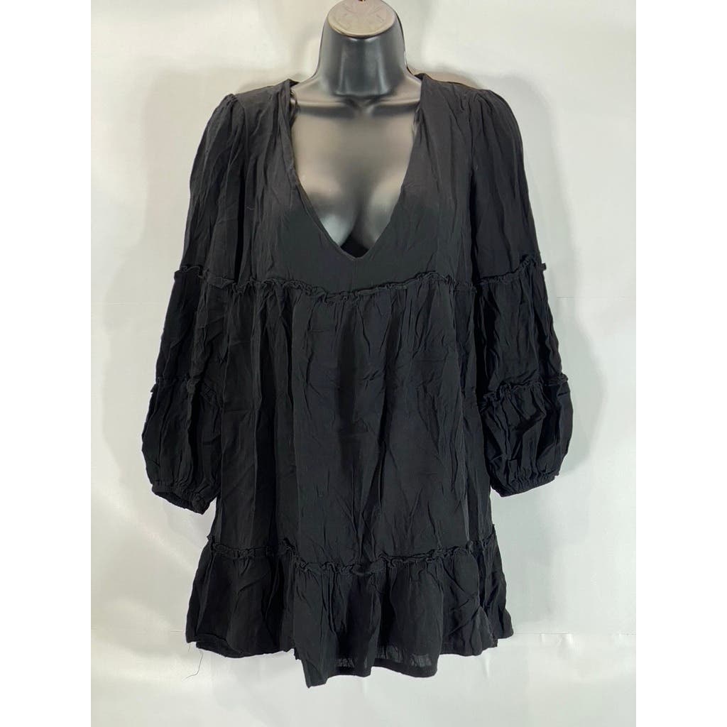 SHOWPO. Women's Black Solid Harriette Tiered V-Neck Long Sleeve Shift Dress SZ 4