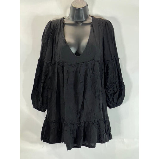 SHOWPO. Women's Black Solid Harriette Tiered V-Neck Long Sleeve Shift Dress SZ 4