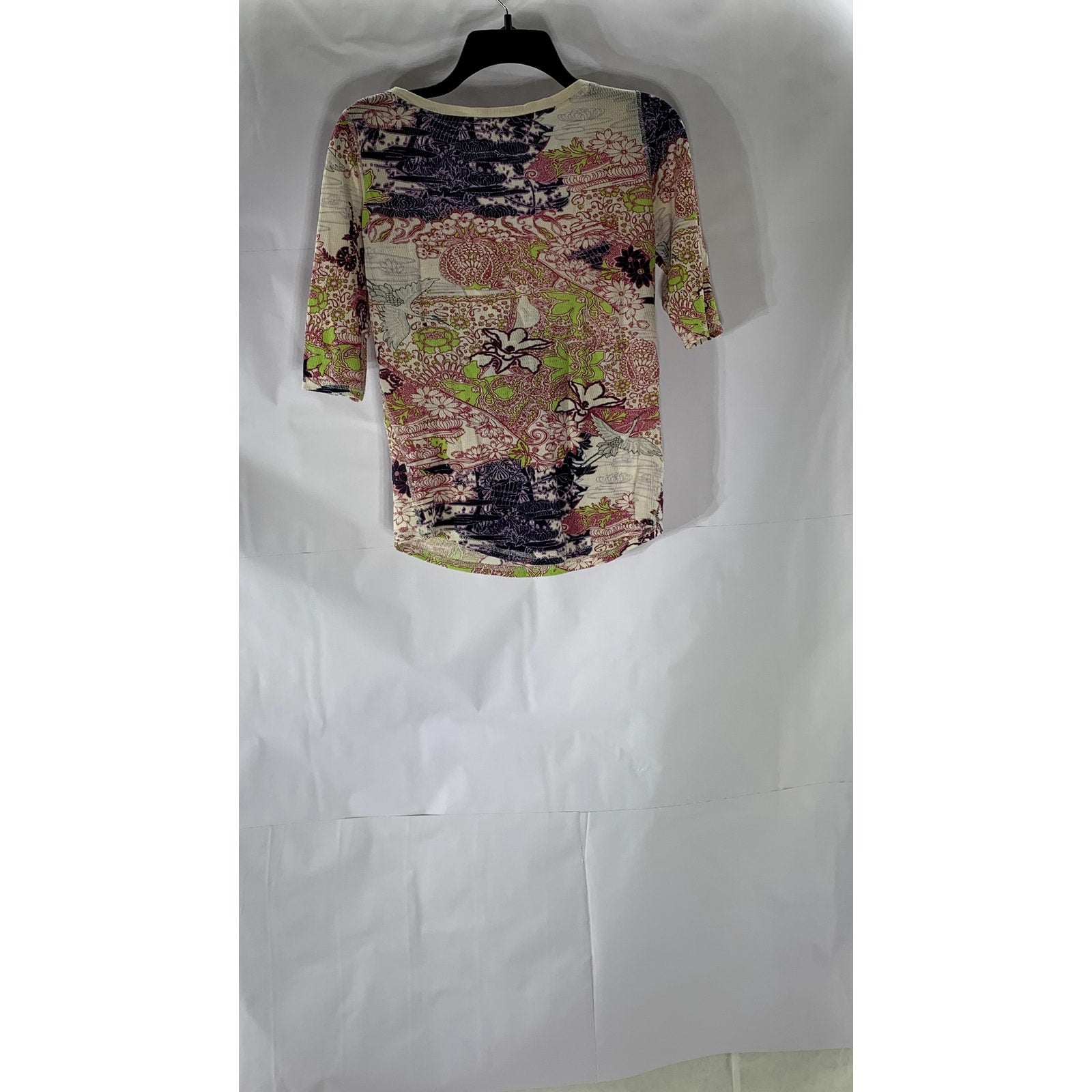 LUEFAY TEES Women's Beige-Multi Scoop-Neck Elbow-Sleeve Lightweight Top SZ M