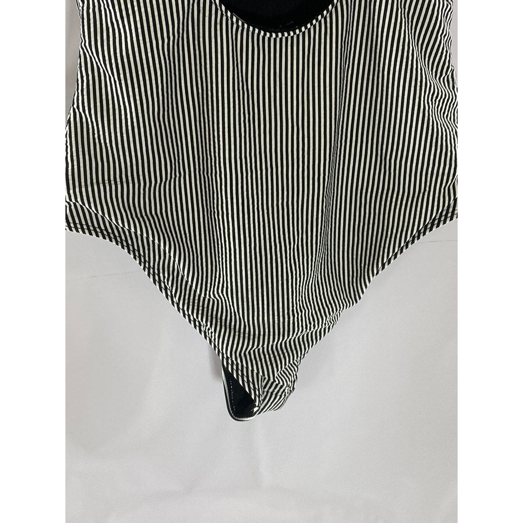 UNBRANDED Women's Black-White Striped Deep Scoop-Neck Swimsuit SZ XS