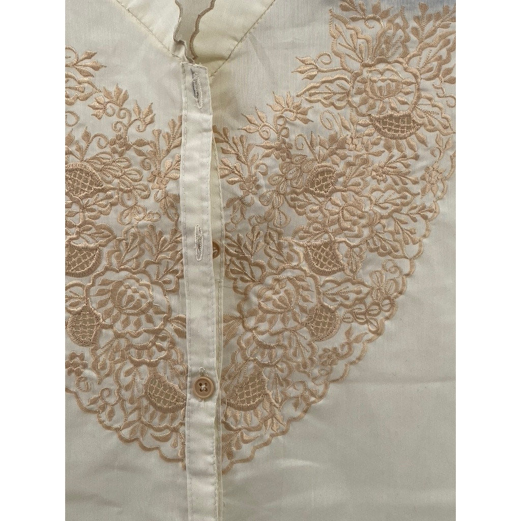 UNBRANDED Women's Beige Embroidered Mock Collar Button-Up Cap Sleeve Top SZ M