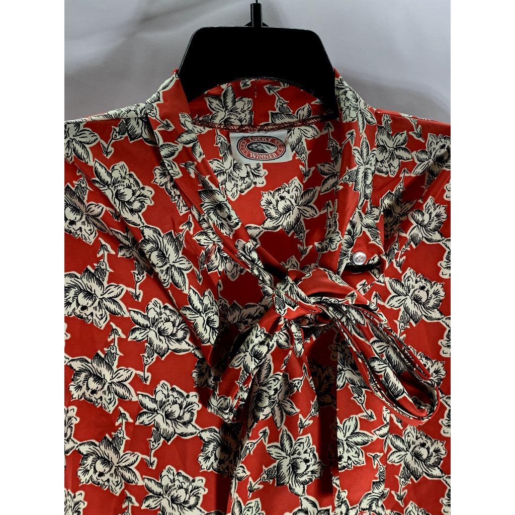 LUCKY WINNER Women's Red Floral Tie-Neck Long Sleeve Top SZ S