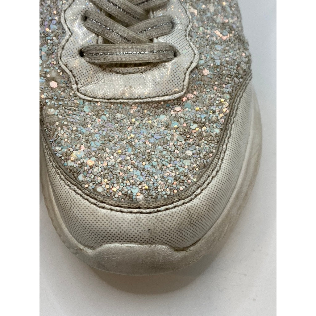 TOOZON Girls' White Glitter Embellished Round-Tie Lace-Up Strap Sneakers SZ 1