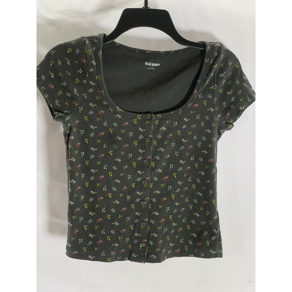 OLD NAVY Women's Grey Floral Print Button-Up Short Sleeve Scoop-Neck Top SZ S