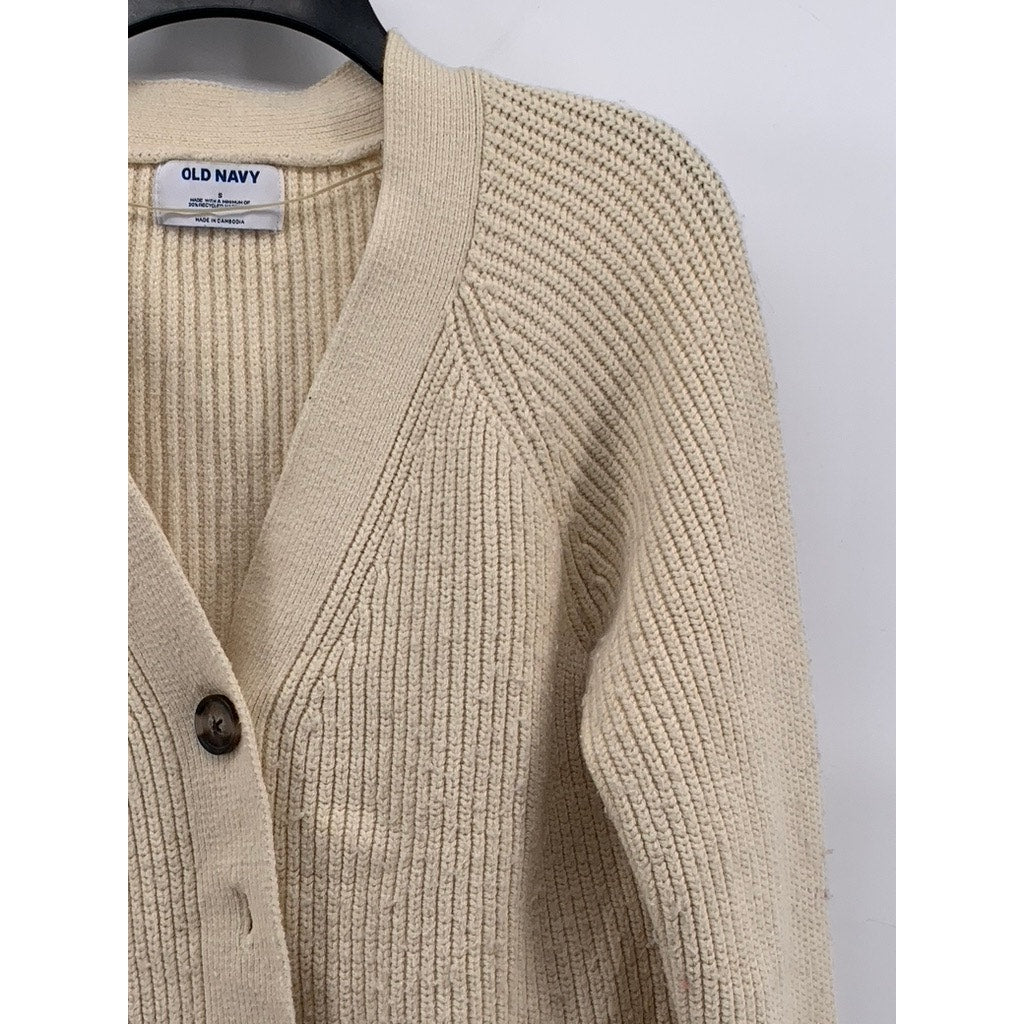 OLD NAVY Women's Beige Ribbed Button-Up V-Neck Long Sleeve Cardigan SZ S