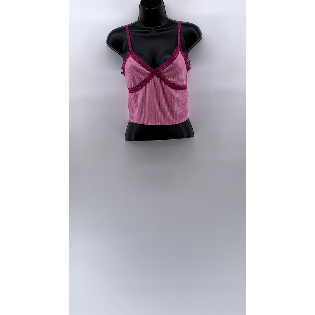 WILD FABLE Women's Pink Rib Knit Lace-Trim V-Neck Spaghetti Strap Cami Top SZ S