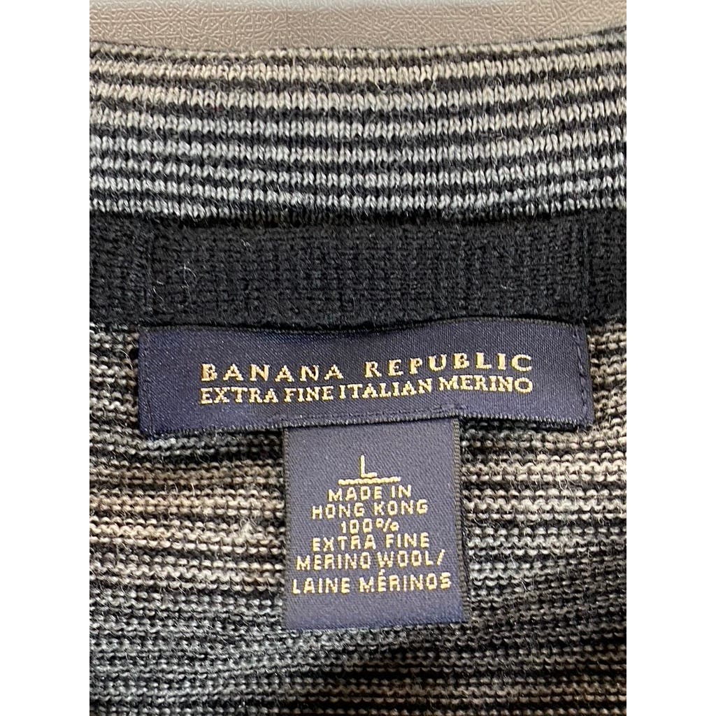 BANANA REPUBLIC Men's Black/Gray Striped Vintage Extra Fine Merino Polo SZ L