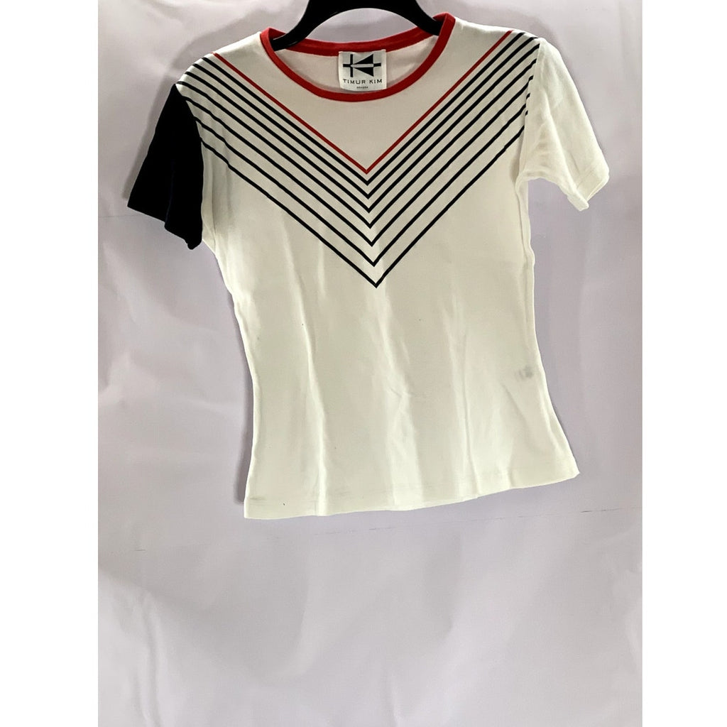TIMUR KIM Women's White/Black/Red Striped Crewneck Short Sleeve Top SZ S