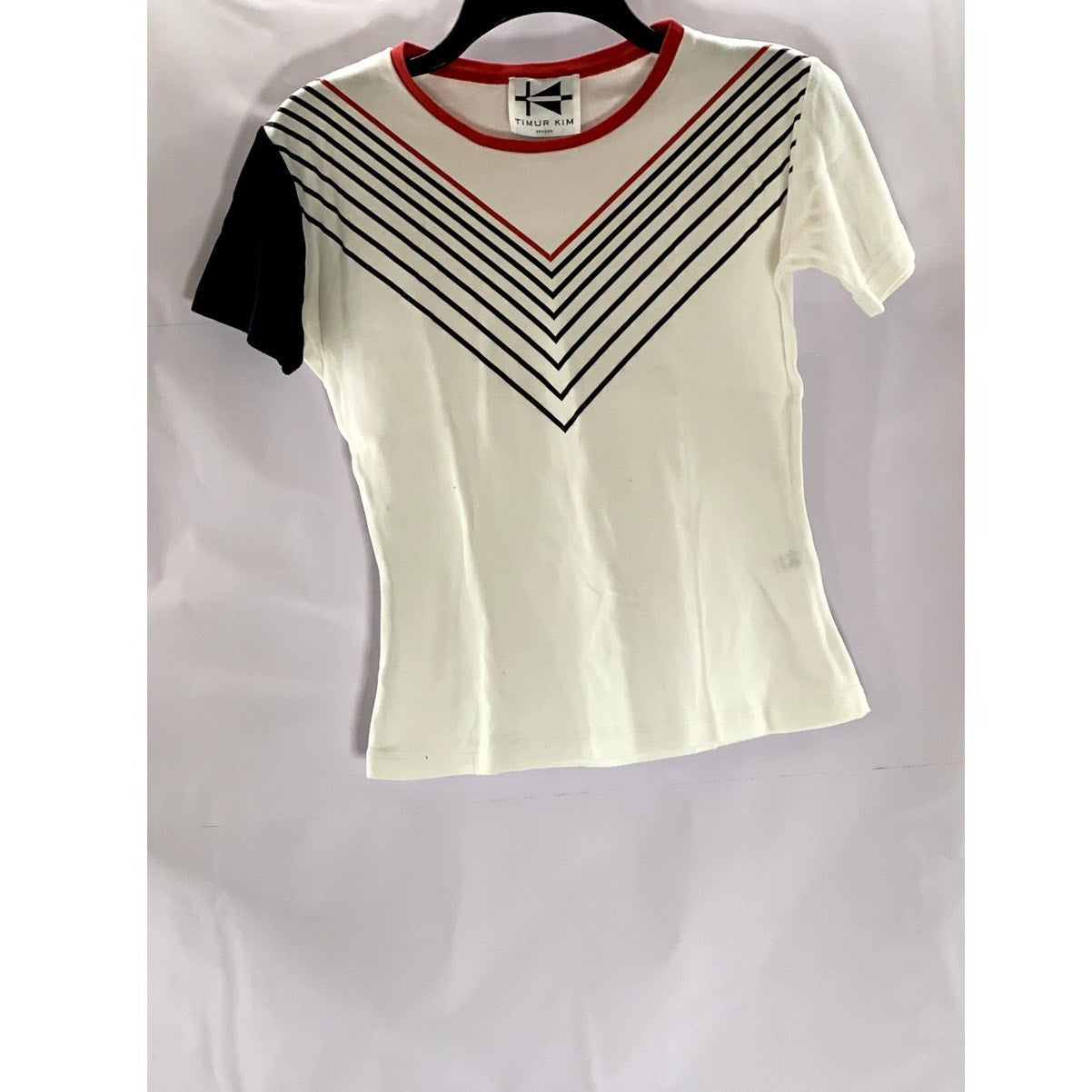 TIMUR KIM Women's White/Black/Red Striped Crewneck Short Sleeve Top SZ S